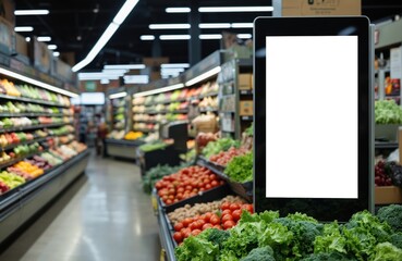 Bright grocery aisle presents fresh produce, blank signage. Fruits, vegetables market shows organic shopping. Aisle healthy, colorful, modern. Food retail supermarket layout arrangement for local