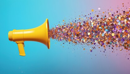 Yellow megaphone blasts colorful glitter, confetti. Dynamic explosion effect signifies celebration, announcement, marketing, loud communication. Vibrant, festive design with playful, lively spirit,