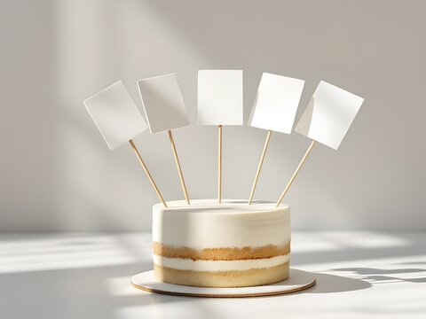 Delicious cake showing five blank toppers for mockup in bright light