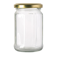 Empty glass jar with golden lid standing on white background