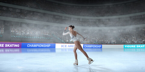 Figure skater girl skating on ice stadium.