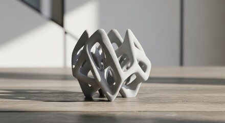Intricate 3D-Printed Parametric Sculpture Illuminated by Sunlight on a Wooden Floor.
