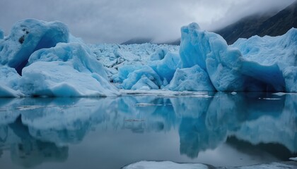 Icy landscape features glaciers reflecting on calm water. Blue icebergs float in sea with mountain background. Cold nature scenery shows beauty of extreme environment, tranquil wilderness.
