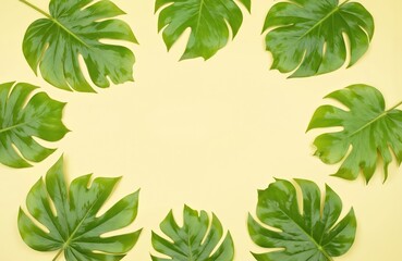 Naklejka premium Fresh green Monstera leaves frame pastel yellow background. Tropical plant foliage arranged symmetrically. Floral eco pattern backdrop for cards, posters, creative designs with empty space.
