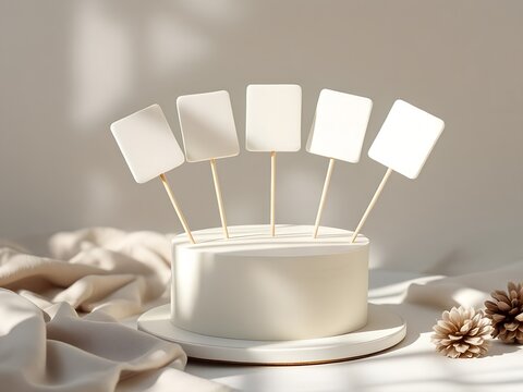 White cake showing five blank toppers for customization mockup