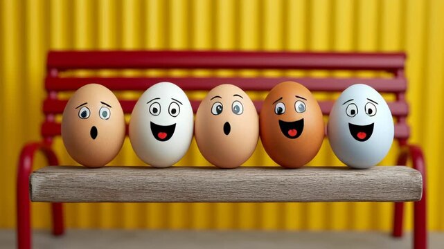Colorful eggs with expressive faces arranged on a wooden bench, set against a vibrant yellow background, showcasing a playful and whimsical atmosphere with a touch of humor and creativity