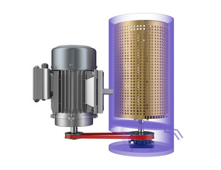 Heavy-Duty Industrial Motor and Perforated Drum Component: Key drive system for food and oil extraction and spinning. High-resolution engineering design for modern agricultural and processing machiner