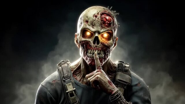 A zombie man with a skull on his face and a hand on his mouth. The zombie man is holding his hand over his mouth, which is a sign of fear or submission. The image has a dark and eerie mood