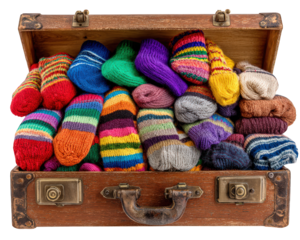 Colorful socks striped socks wool sock suitcase travel packed overflowing vintage wooden cheerful cozy organized playful clothing accessory luggage textile fashion storage holiday adventure