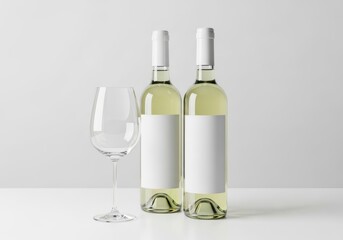 Two bottles of white wine and a glass isolated on white background