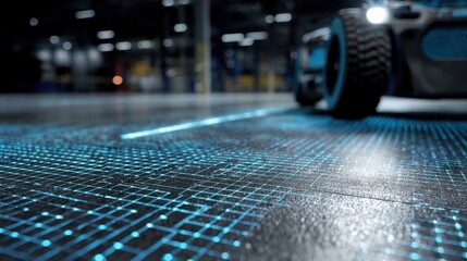 A detailed shot of the floor grid featuring the induction coils focusing on the surface texture and pattern while an AGV is partially visible ready to dock for charging.