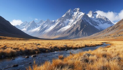 Autumnal mountain valley with winding stream, surrounded by golden grasses, snow-capped peaks under clear blue sky. Serene landscape offers tranquil, picturesque scene, ideal for nature, travel