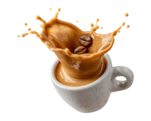Espresso cup coffee splash coffee bean white ceramic isolated dynamic brown liquid caffeine beverage energetic mood close up creative concept