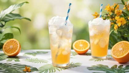 Fototapeta premium Tall glass filled with frosty orange sherbet punch, creamy texture. Oranges and lush green foliage create a summer vibe. Refreshing cold beverage with ice and mint garnish, perfect for parties.