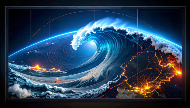 A stylized digital concept of a global disaster monitoring interface showing a massive tsunami forming, with data visualizations and tracking information.