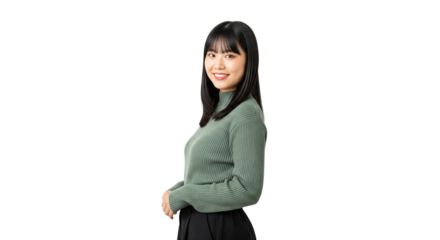 Schwarzhaarige Frau – seitlich mit Blick zur Kamera, transparenter Hintergrund, PNG