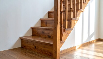 Sunlit Wooden Staircase with Turned Balusters Against White Wall
