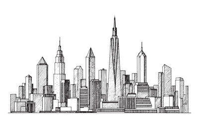 Fototapeta premium Modern City Skyline with Skyscrapers black and white Vector Drawing illustration silhouette