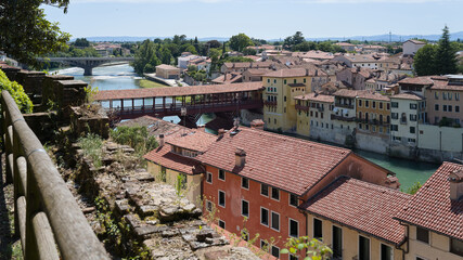 Bassano del Grappa, Vicenza, Veneto, Italy - July 9, 2025 - Views of the city, the castle, and the Alpine Bridge