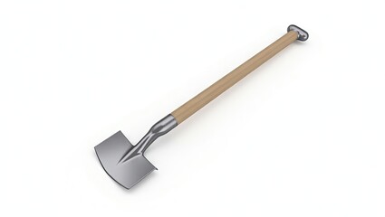 Metal shovel with wooden handle presented in a  setting.