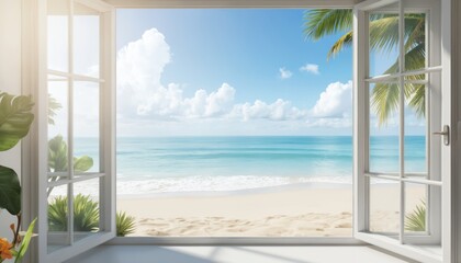 Open window tranquil beach scene with turquoise ocean waves meeting sandy shore under bright blue sky with fluffy clouds. Rich palm foliage frames view, offering serene tropical escape, peaceful