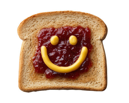 Toast jam smiley face breakfast happy yellow sweet isolated food snack. slice of toast with red jam and yellow smiley face creates cheerful breakfast mood isolated on white