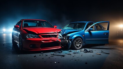 Car Accident Scene with Damaged Vehicles Red and Blue Cars Collided on a Dark Road Showing the Aftermath and Potential Insurance Claims