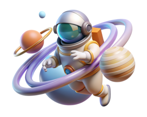 3d astronaut floating with planets in space adventure exploration theme3d illustration isolated on transparent background