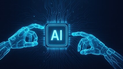 Two glowing robotic arms reach for a central ai microchip, symbolizing innovation in smart manufacturing, ai manufacturing, industry 4.0