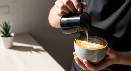 Masterful Pour: Barista Crafting Latte Art in a Sunlit, Minimalist Cafe