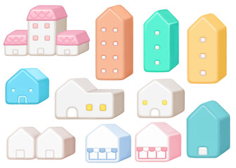 Cute 3d Colorful Houses Set, Hand Drawn Cartoon Pastel Buildings Illustration.  