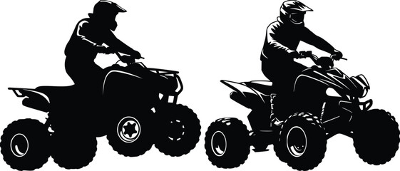 Silhouette of two people riding ATVs with helmets, highlighting off-road adventure