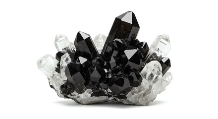 Black quartz crystals cluster on clear quartz matrix