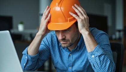 Frustrated engineer, wearing hard hat, faces computer challenges at work. Stressed male, looks at laptop in office. Project management, construction site challenges, technological issues.