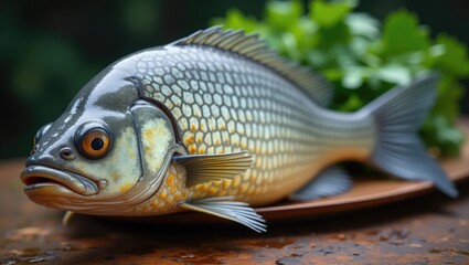 Close-up of a detailed fish sculpture.