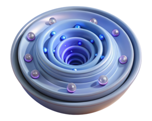Abstract concentric circles with spheres in blue tones 3d illustration isolated on transparent background