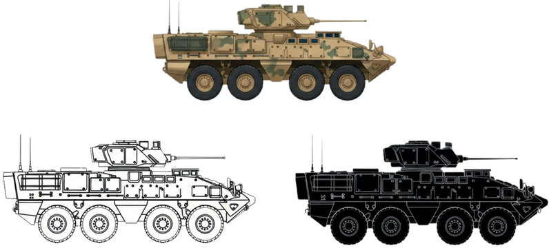 DE M-SHORAD Laser Air Defense Vehicle &ndash; 3-Style Bundle: Color Realism, Silhouette & Line Art | Military Stryker with Directed Energy Weapon