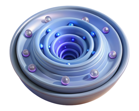 Abstract concentric circles with spheres in blue tones 3d illustration isolated on transparent background