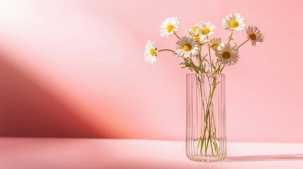 Daisies in a Glass Vase on Pink Background