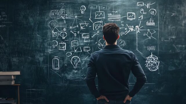 A person reviews intricate data visualizations on a chalkboard in an office setting during the day to derive insights