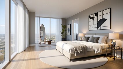 Contemporary Bedroom Design with City View and Stylish Decor in Neutral Tones a Luxurious Interior