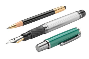 Three elegant writing instruments including a fountain pen and pencil isolated on transparent background