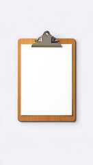 Wooden clipboard with blank white paper isolated on white background