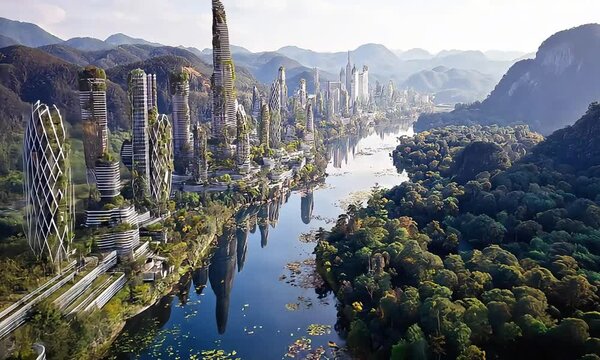 &ldquo;Riverfront Eco-City with DAC Towers &ndash; Sustainable Future 4K&rdquo;