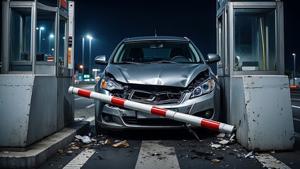 Damaged Car Crashed at Toll Booth Barrier at Night Time Insurance Claim Background Transportation Safety Automotive Concept