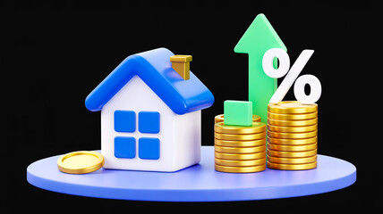 3D white house, blue roof, four windows, purple circular platform