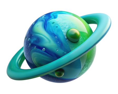 Abstract planet with rings in blue and green glossy spheres aesthetic 3d illustration isolated on transparent background