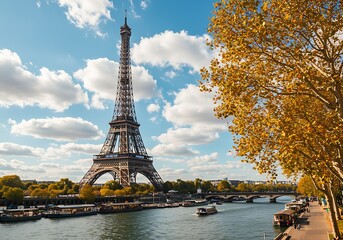 Obraz premium The eiffel tower stands tall in paris france a beautiful landmark against a blue sky with fluffy clouds in autumn