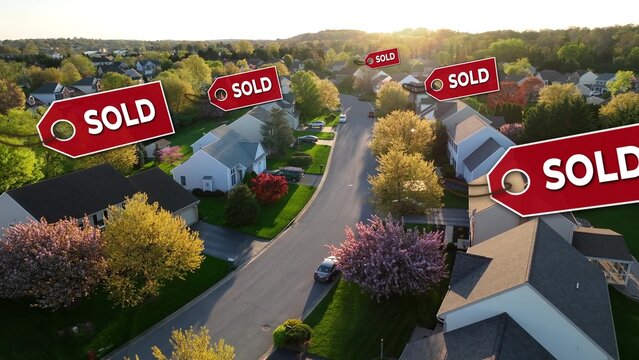 Modern American neighborhood with animated sold tags over rooftops. Aerial view of expensive and popular housing market. 3D graphic