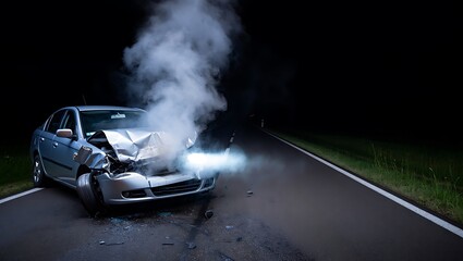 Dramatic Car Crash at Night with Steam Rising from the Wreckage on a Lonely Road Emphasizing Danger and Loss